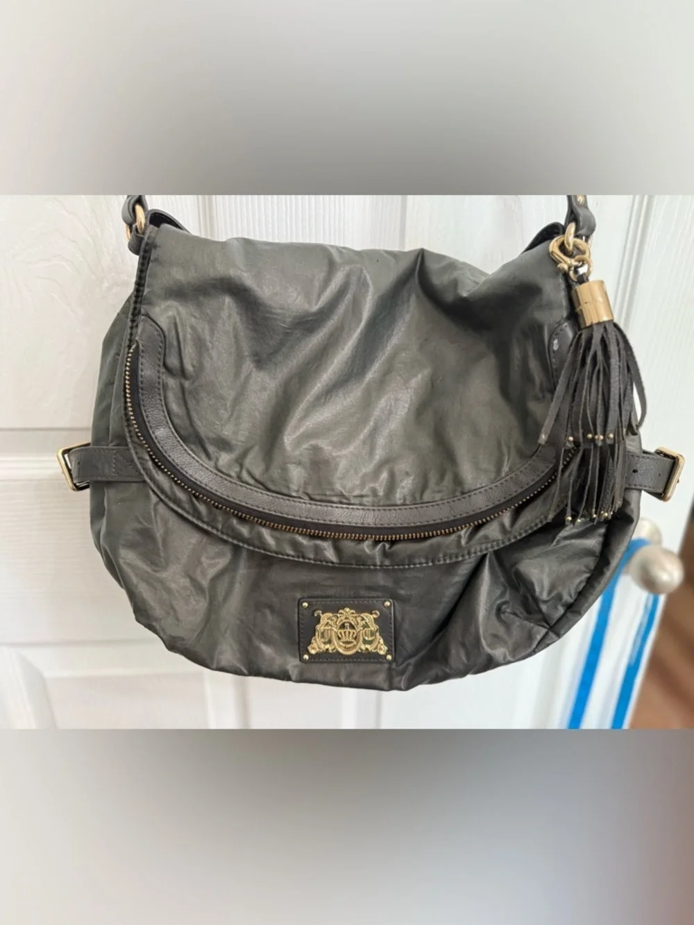 Juicy Couture Dark Olive Green Slouchy Hobo Bag Gold Crest Tassel Y2K Boho